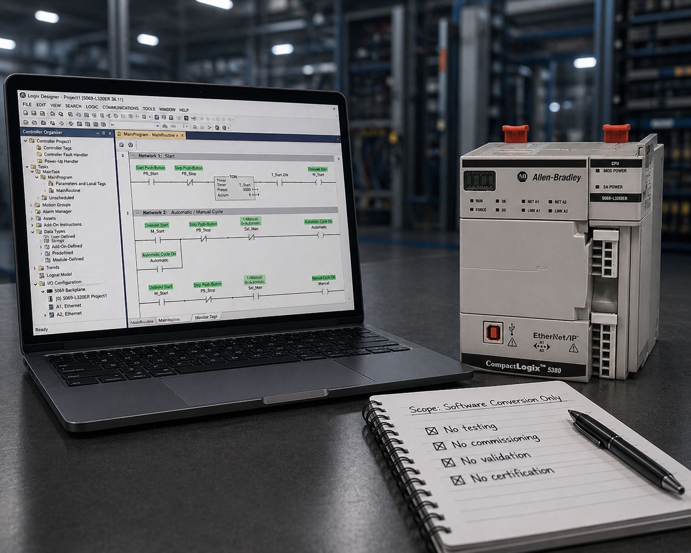 Industrial laptop and PLC hardware representing testing and validation limits