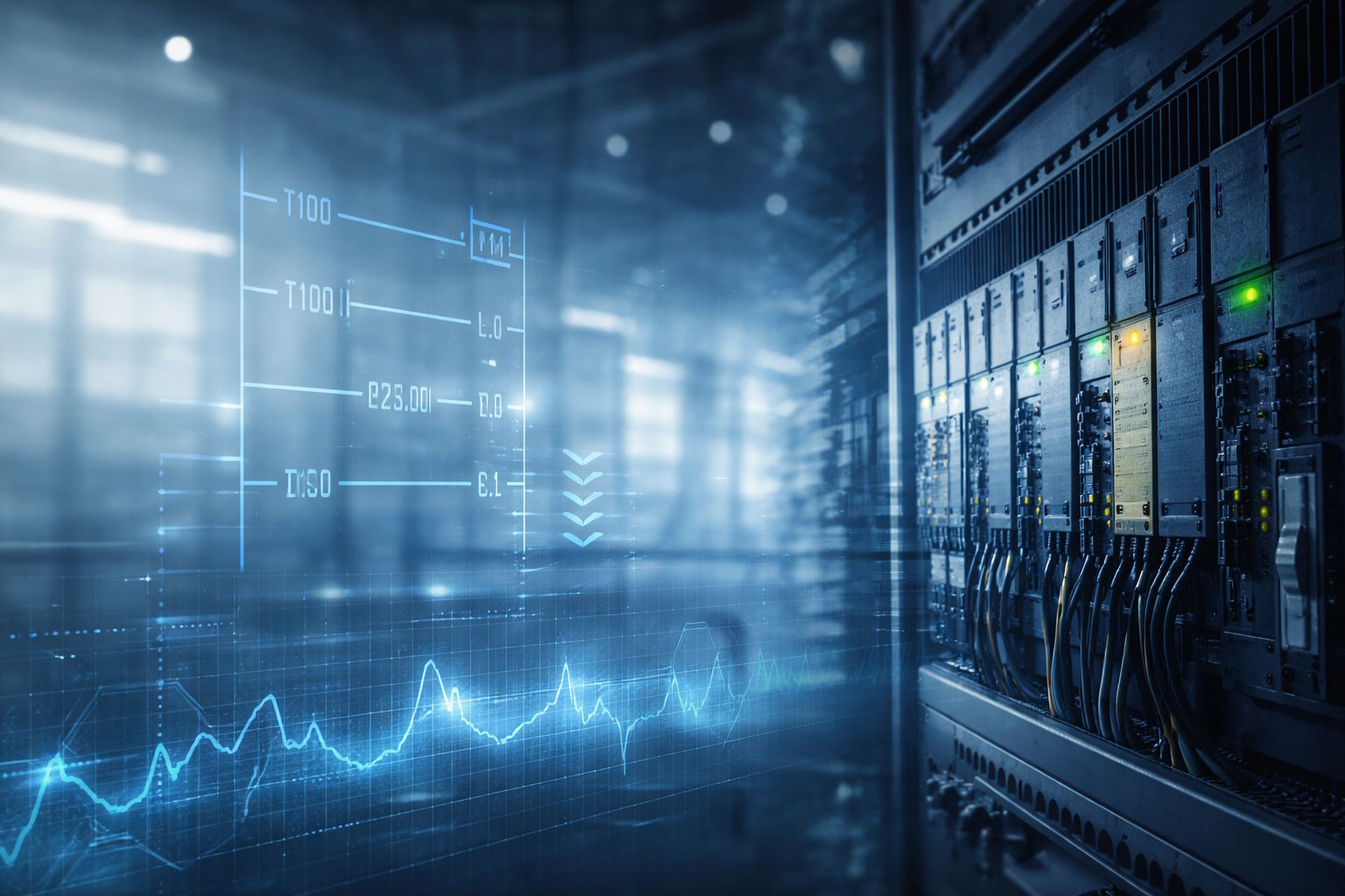 Industrial automation background showing PLC hardware and control logic