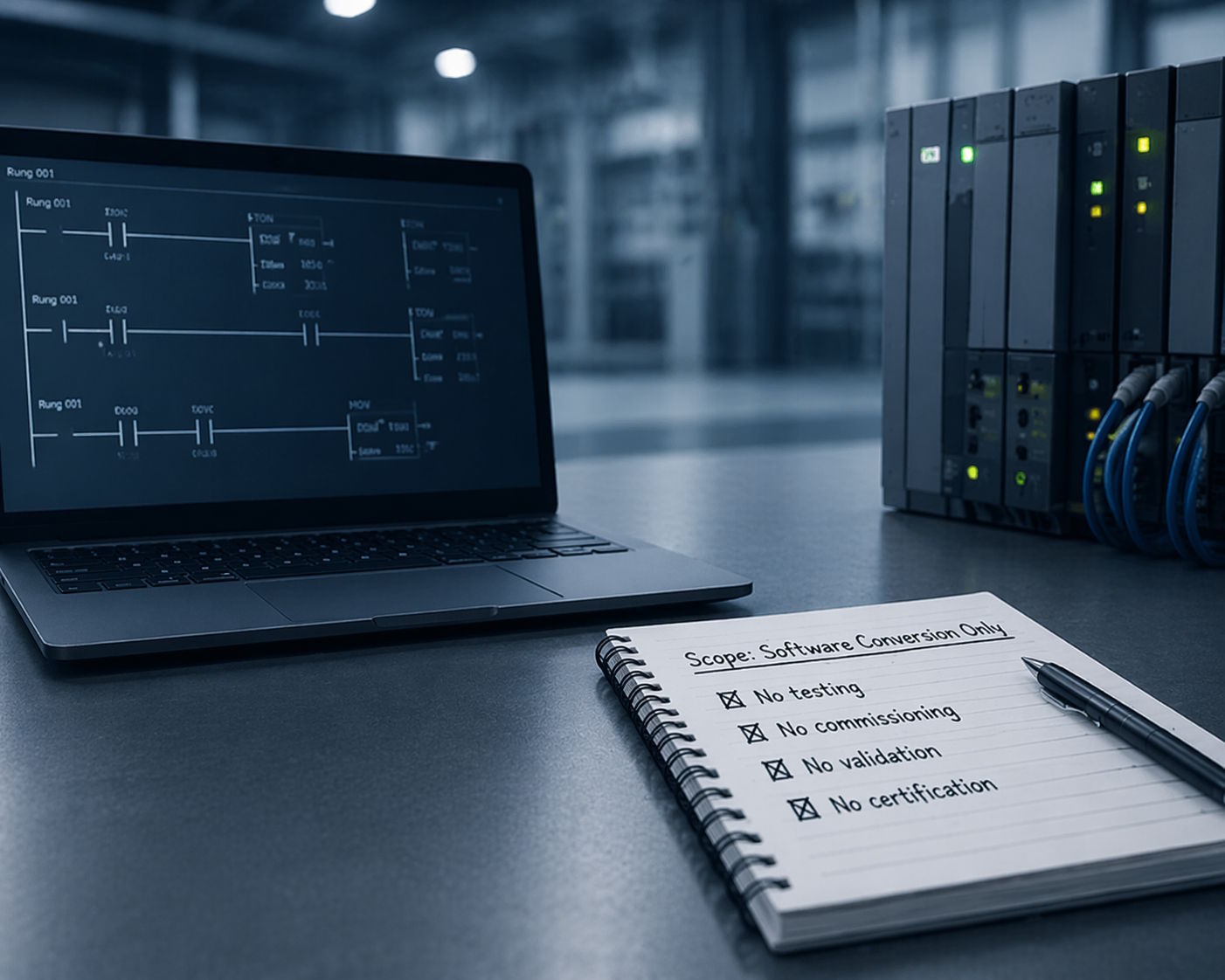 Industrial laptop and PLC hardware representing scope limits and no validation